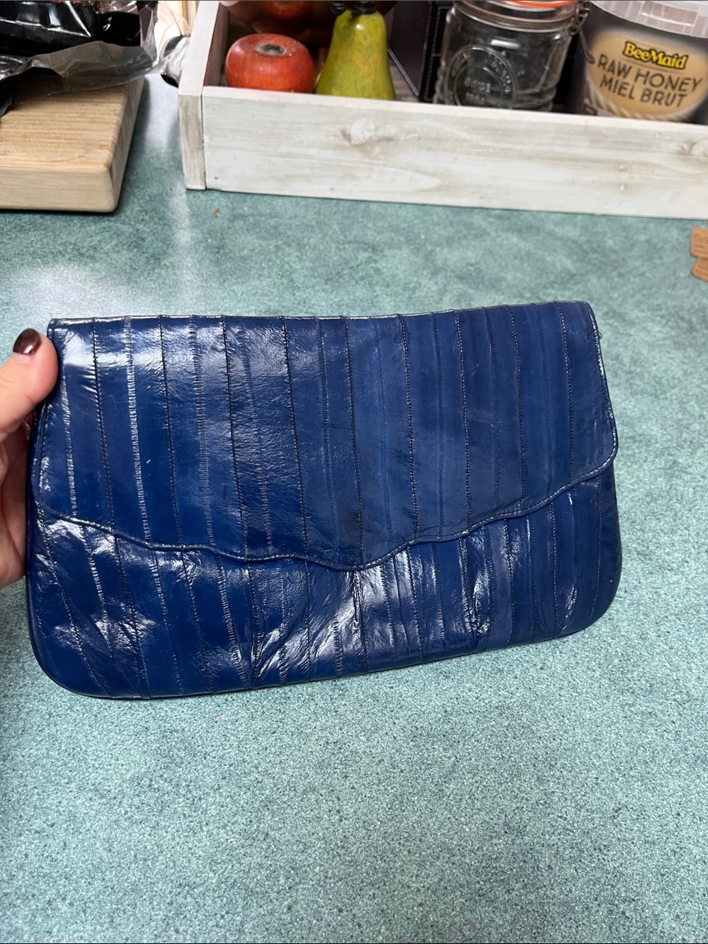 Blue Scalloped Eel Skin Vintage Clutch